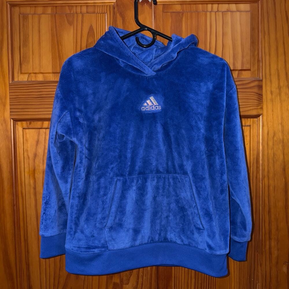 Adidas Blue Fuzzy Youth Velour Hoodie Blue Size XL 16